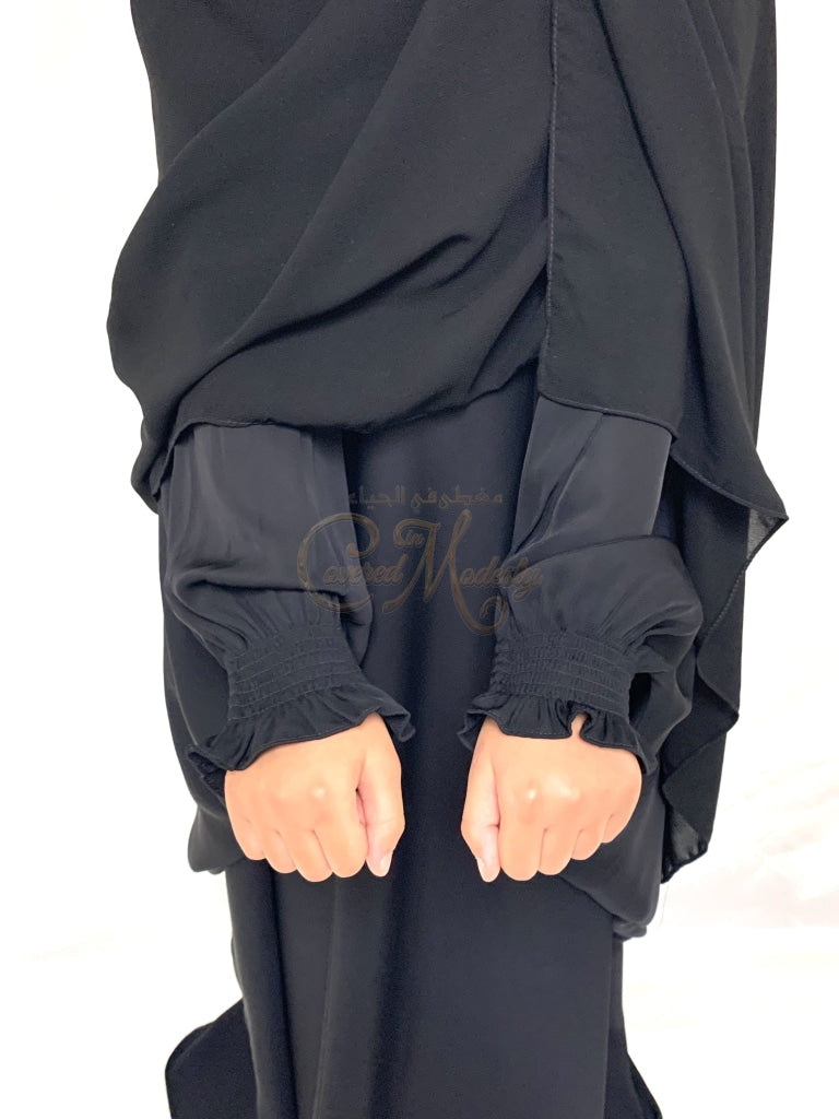 Girls Black Bisht Abaya W/scrunch Wrist