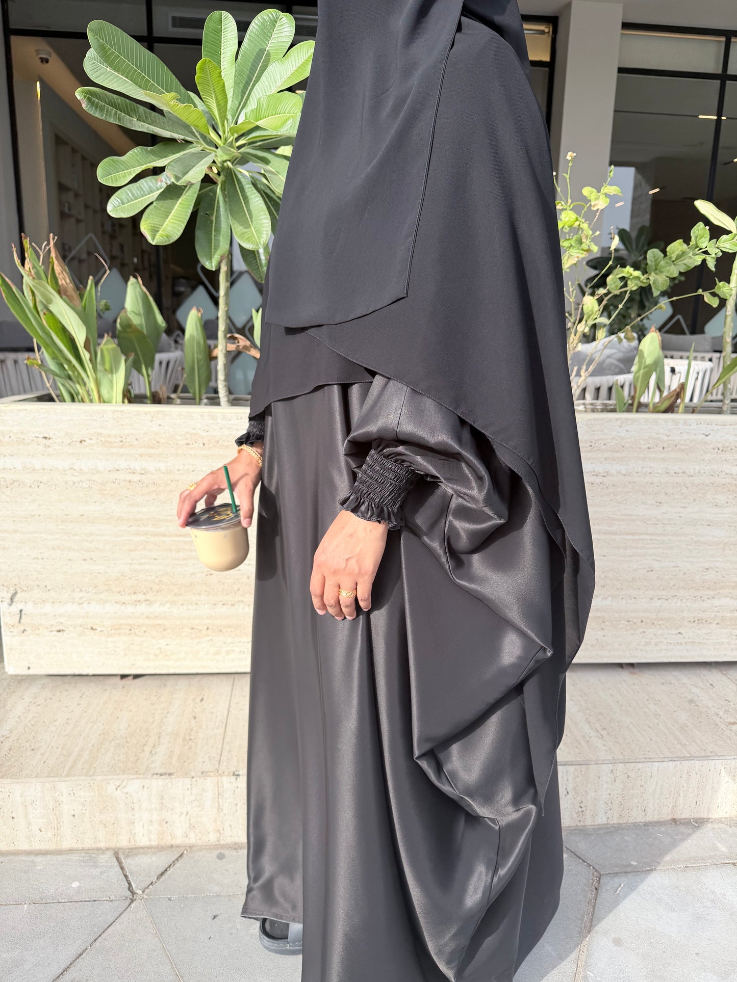 Satin Bisht Abaya w/Scrunch Wrist
