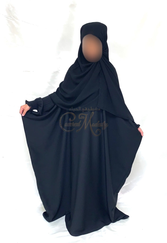 Girls Black Bisht Abaya W/scrunch Wrist